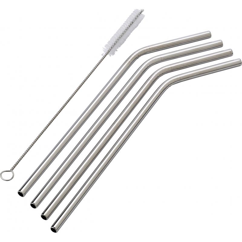 Image of Four stainless steel, environmentally friendly drinking straws. Length of the straws is 23 . The set includes a cleaning brush.